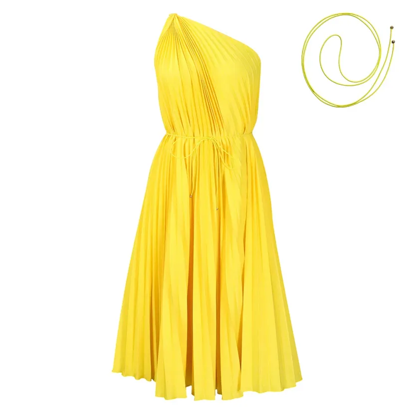 Plus Size Womens Dress Summer Collection Asymmetrical Shoulder Pleated Design Solid Color Elegan