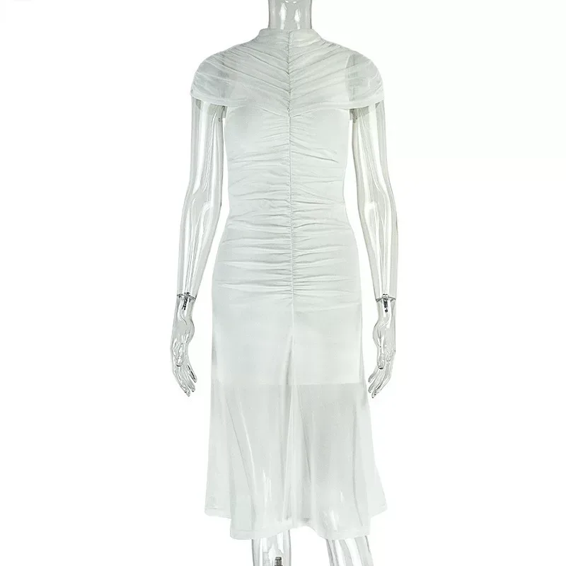 Elegant Womens Dress Solid Color Pleated Waist Defining Short Sleeve Mesh Panel Casual or Evenin