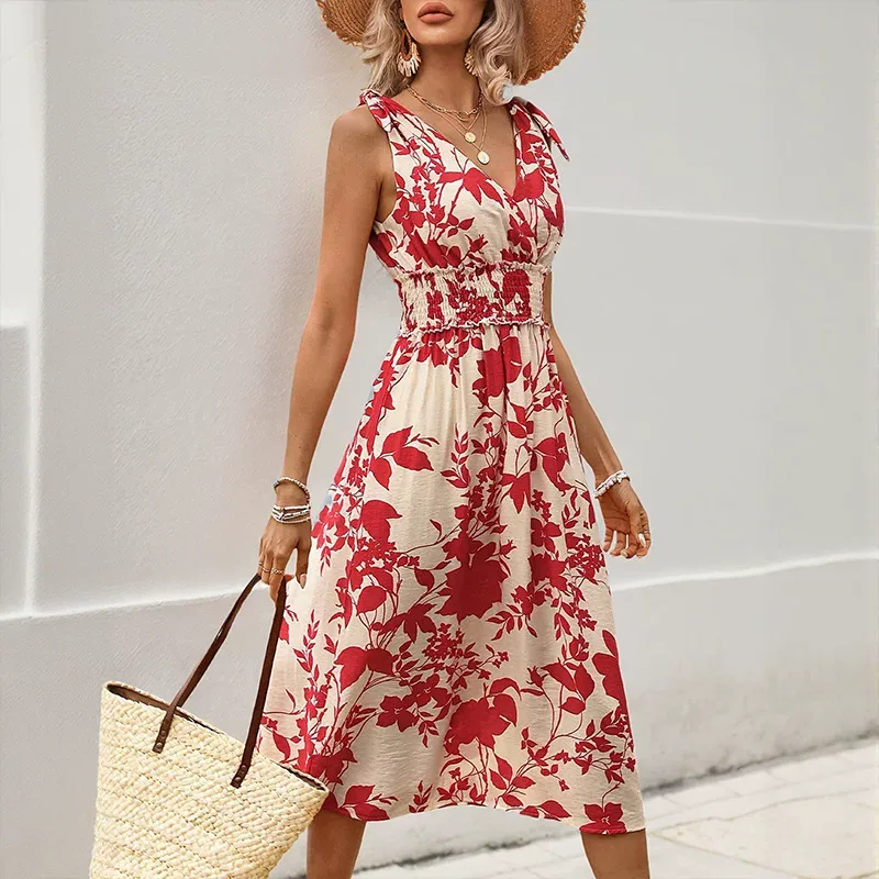 Sleeveless V Neck Floral Print Dress Red Beach Ready Lightweight Fabric Summer Vacation Style Wh
