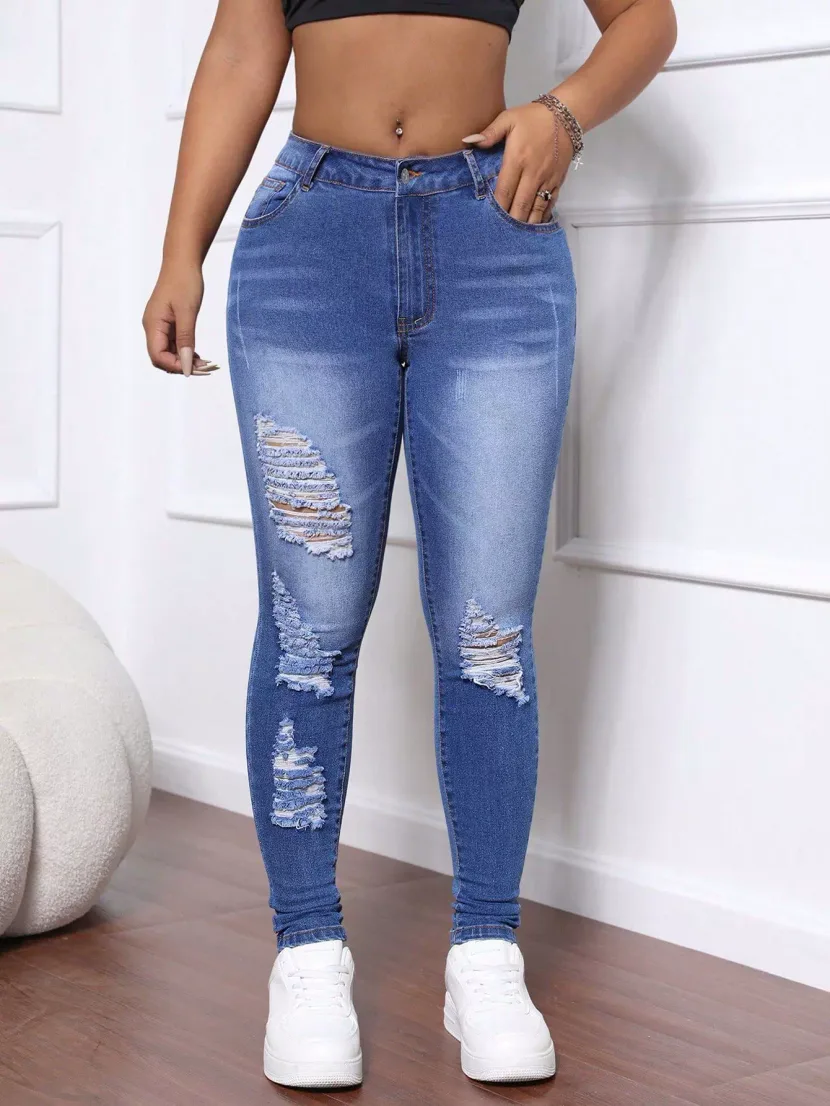 Skinny Jeans High Elasticity Distressed Design Versatile Fit Womens Casual Wear Wholesale Availa