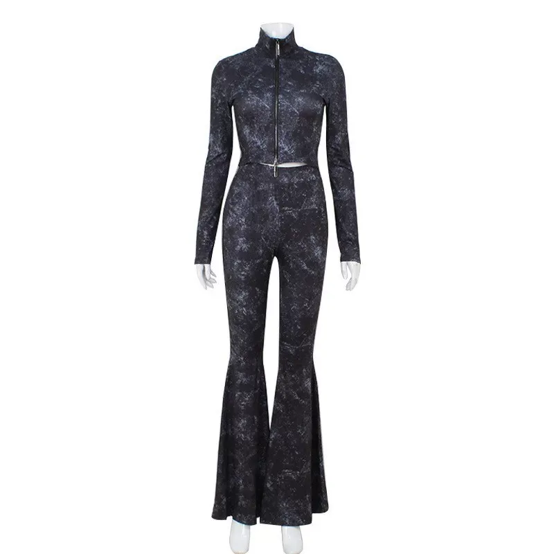 Fashionable Zip Up Crop Top with High Waisted Flare Pants Trendy Design for Casual Outings Whole