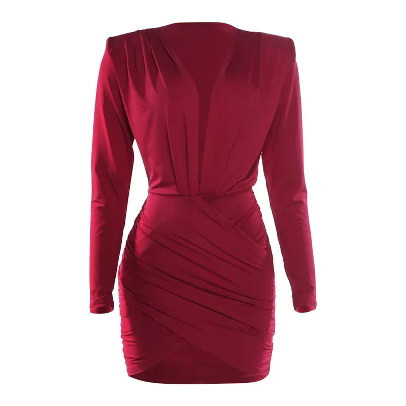 Fashionable Long Sleeve Bodycon Dress Solid Color Pleated Deep V Neck Sexy Autumn Winter Wear Wh