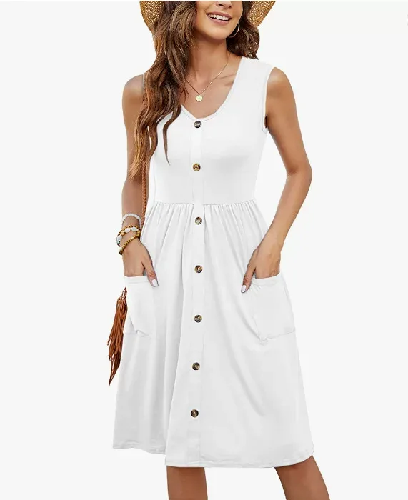 Sleeveless V Neck Dress Solid Color Button Pocket Casual Style Perfect for Summer Events Wholesa