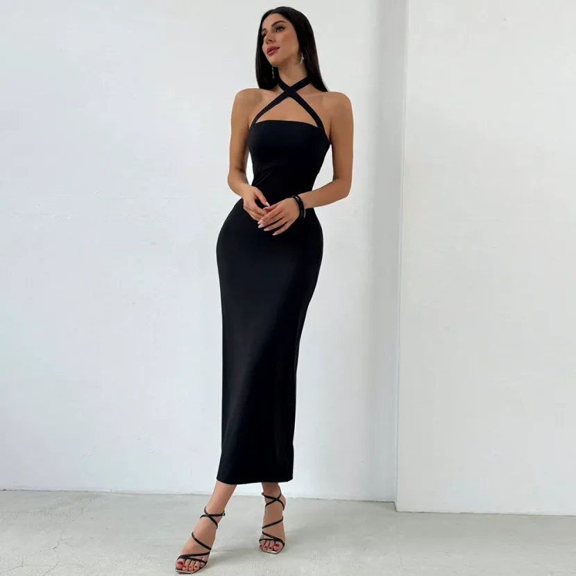 Summer High Waist Bodycon Maxi Dress Backless Halter Neck Solid Color Knitted Fabric Casual or E