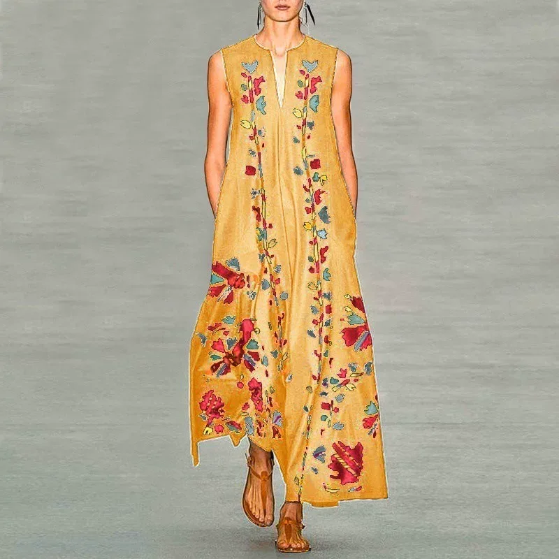 Fashionable Deep V Neck Printed Maxi Dress Sleeveless Trendy Design Comfortable Fabric Perfect f