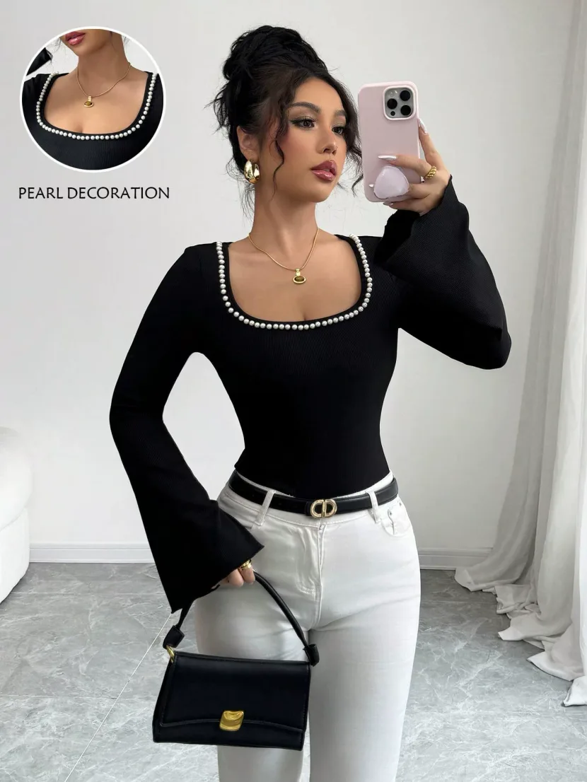 Black Square Neck Long Sleeve T Shirt for Women with Pearl Decor and Flared Sleeves Slim Fit for Casual Wear Wholesale