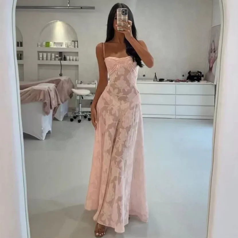 Summer Floral Maxi Dress Sexy Sheer Slim Fit Spaghetti Straps Beach Vacation Style Wholesale Ava