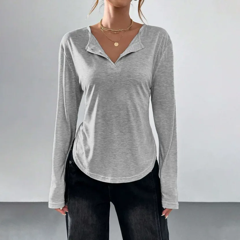 Womens V Neck T Shirt Loose Fit Solid Color Casual Style Spring Summer Essential Wholesale Avail