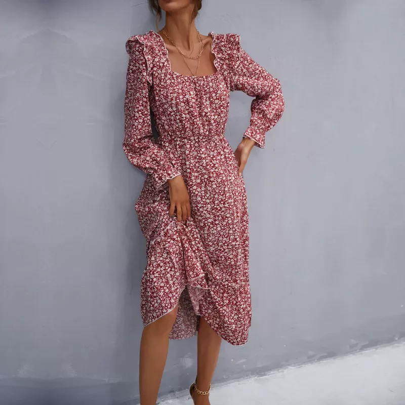 Floral Print Long Sleeve Dress Square Neck Spring Fashion Womens Apparel Wholesale Available