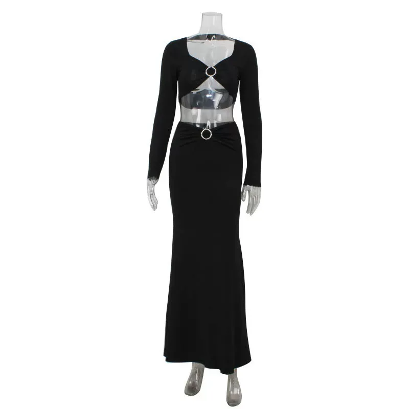 Elegant Womens Two Piece Set Sexy Hollow Out Crop Top and Skirt Metal Button Design Perfect for