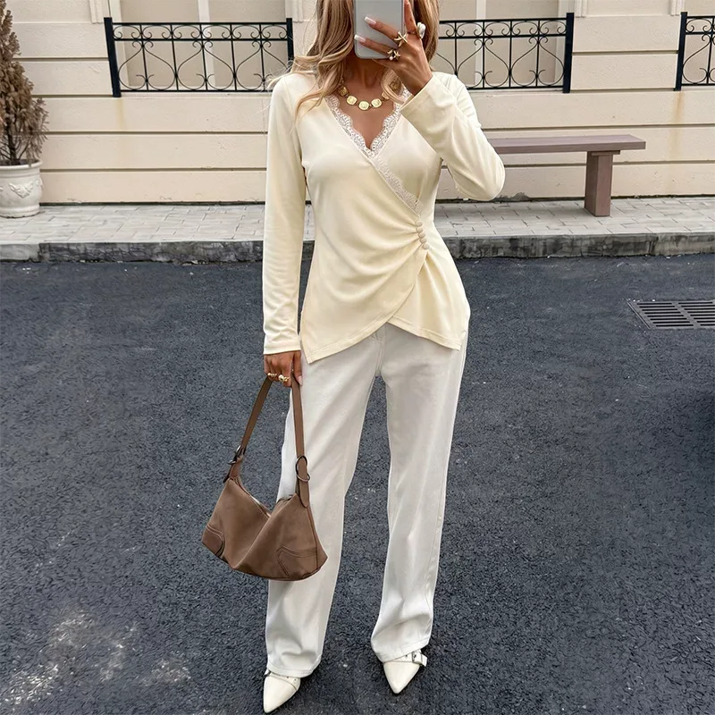 Beige Lace Long Sleeve V Neck Top for Women Casual Fit in Multiple Sizes private label Beige Lace Long Sleeve V Neck Top for Women Casual Fit in Multiple Sizes private label