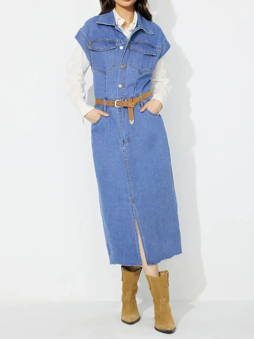 Denim Dress Single Breasted Lapel Collar Fashionable Style Casual Wear for Women Ready to Ship