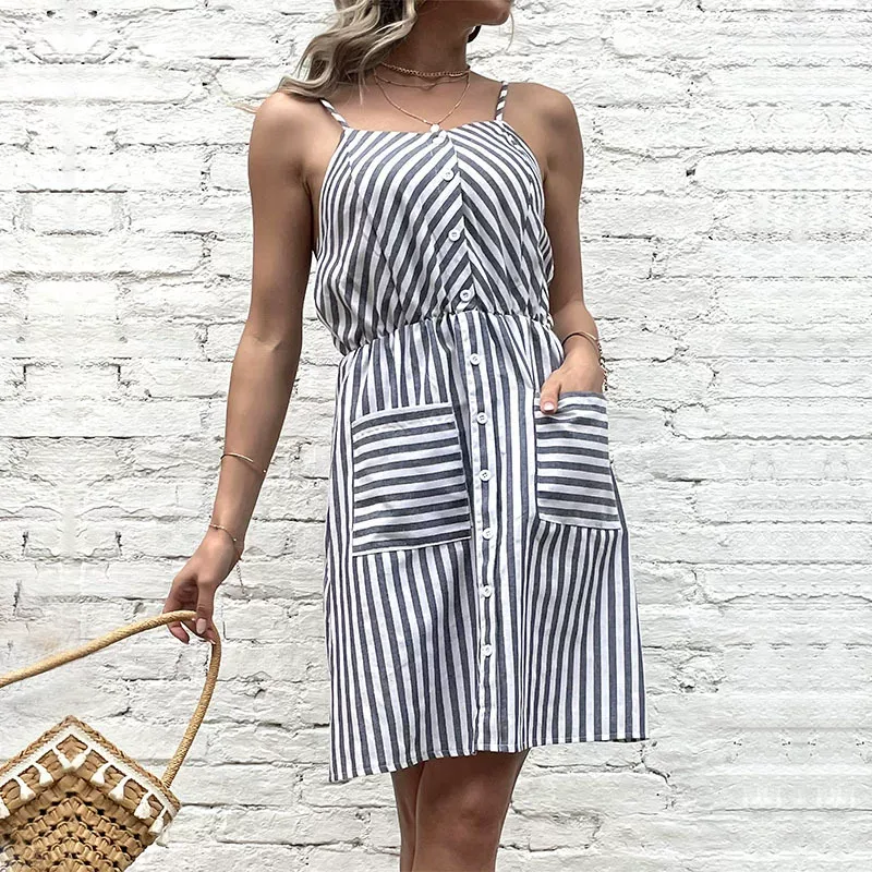 Casual Striped Cotton Linen Dress Summer Waist Defining Simple Style Ideal for Everyday Wear Who