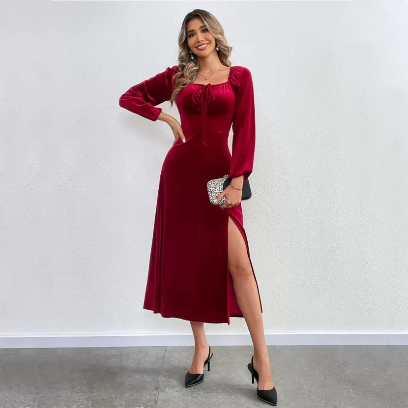 Velvet Long Sleeve Dress Sexy Split Design Waist Cinching Square Neck Puff Sleeves Evening Party