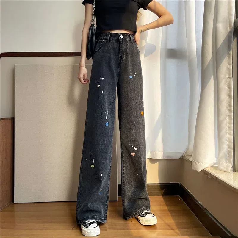 欧洲站2023春秋新款泼墨爱心牛仔裤女复古ins高腰宽松直筒阔腿裤