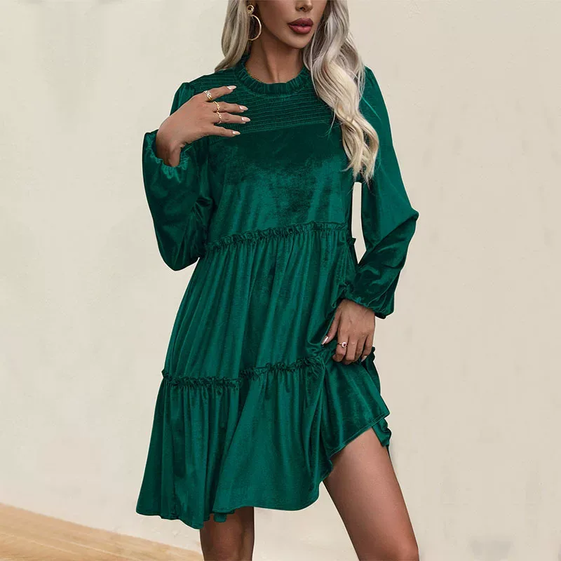 Green Velvet Dress Elegant Autumn Style Perfect for Christmas Celebrations Wholesale Available