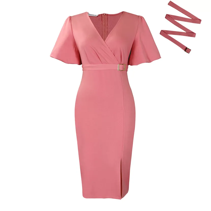Fashionable V Neck Puff Sleeve Bodycon Dress Solid Color Waist Defined Side Slit Perfect for Par