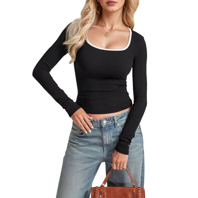 Slim Fit Color Block Long Sleeve T Shirt U Neck Casual Style Trendy Design Wholesale Available