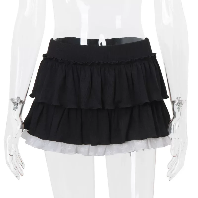 Pleated Ruffle Lace Color Block Midi Skirt Sweet and Spicy Style Spring Summer Collection Wholes