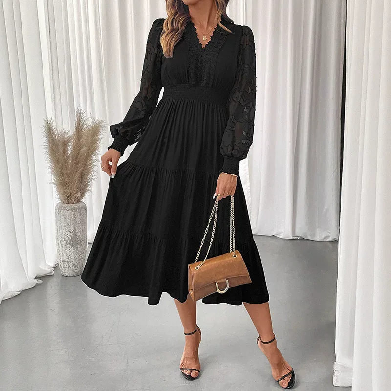 Elegant V Neck Lace Long Sleeve Dress Waist Defining Solid Color Perfect for Formal Events Whole