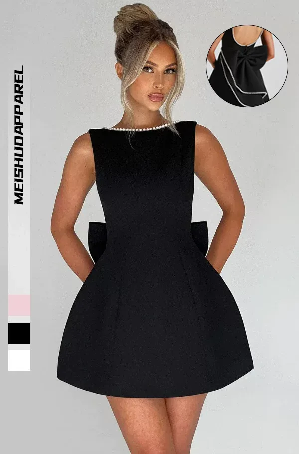 Summer Womens A Line Dress Pearl Bow Detail Slim Fit Backless Design Stylish Casual Wear for Par