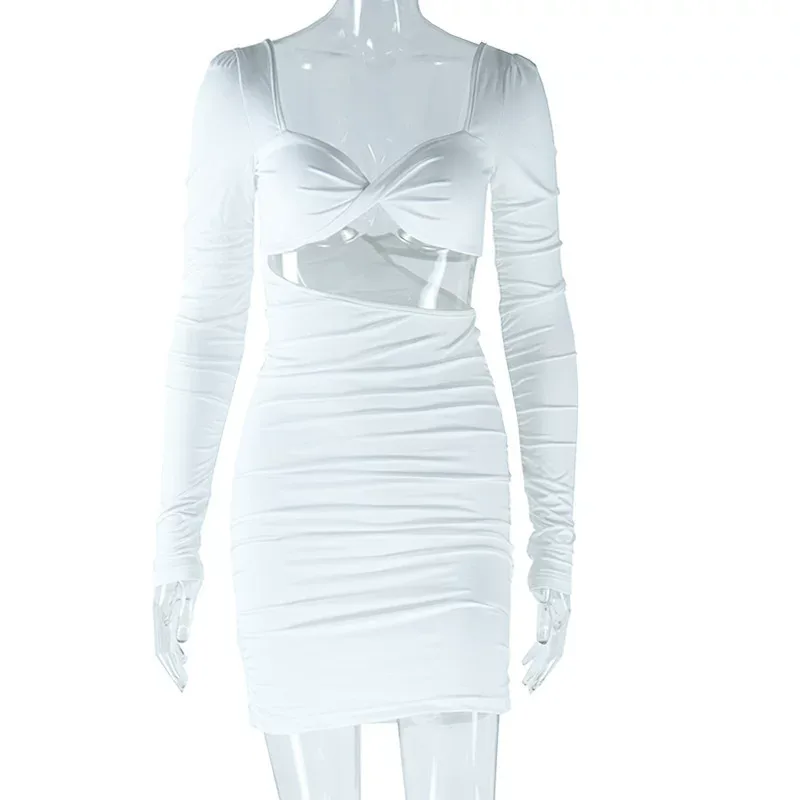 Long Sleeve Square Neck Bodycon Dress Solid Color Ruched Backless Slim Fit Stylish for Parties o