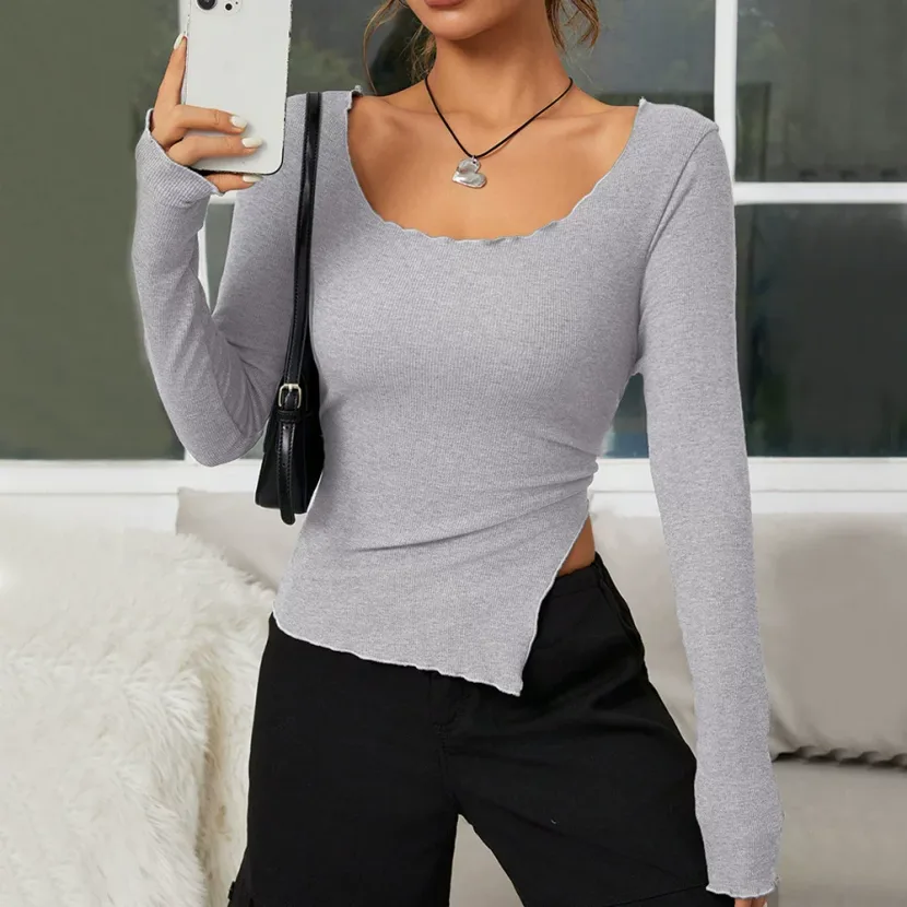 Slim Fit Long Sleeve U Neck T Shirt Asymmetrical Design Cut Out Detail Short Length Casual Wear