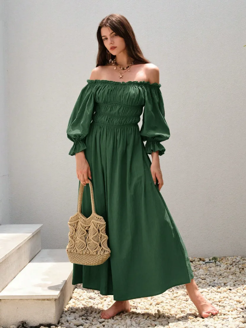 Vintage One Shoulder Lantern Sleeve Maxi Dress Elegant Design Flowy Silhouette Comfortable Fabri