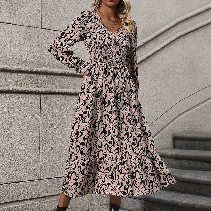 Vintage Inspired Long Sleeve V Neck Dress Abstract Print Casual Vacation Ready Wholesale Availab