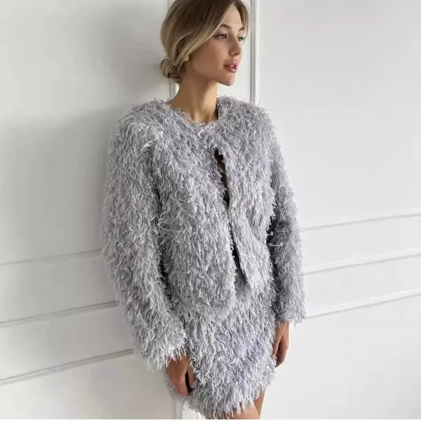 Fringe Jacket Set for Women Elegant Short Top and Skirt Autumn Winter Fashion Wholesale Availabl