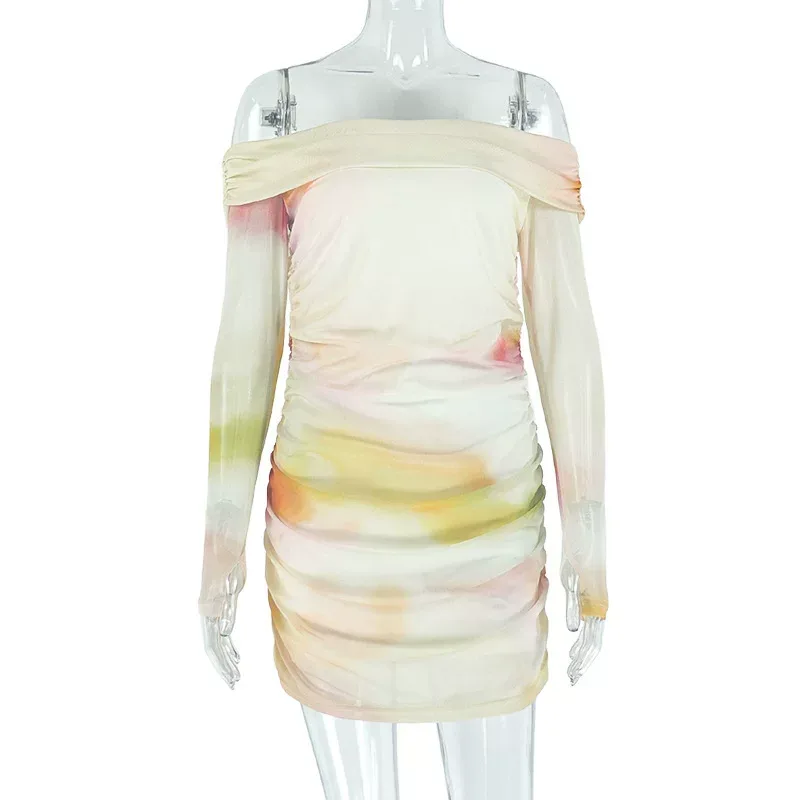 Casual Floral Print Bodycon Dress Fresh and Comfortable Off Shoulder Long Sleeve Ideal for Sprin