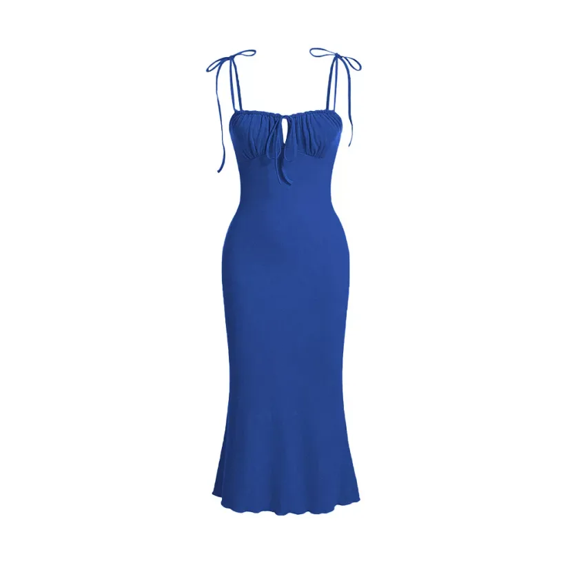 Bodycon Mermaid Maxi Dress Adjustable Drawstring Spaghetti Straps Elegant Fit Perfect for Vacati