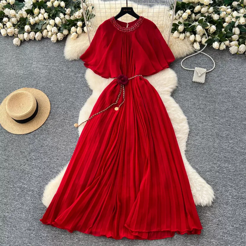 Chic Womens Pleated Chiffon Dress with Rhinestone Detail and Waist Tie Round Neck Short Sleeve Available in Multiple Colors