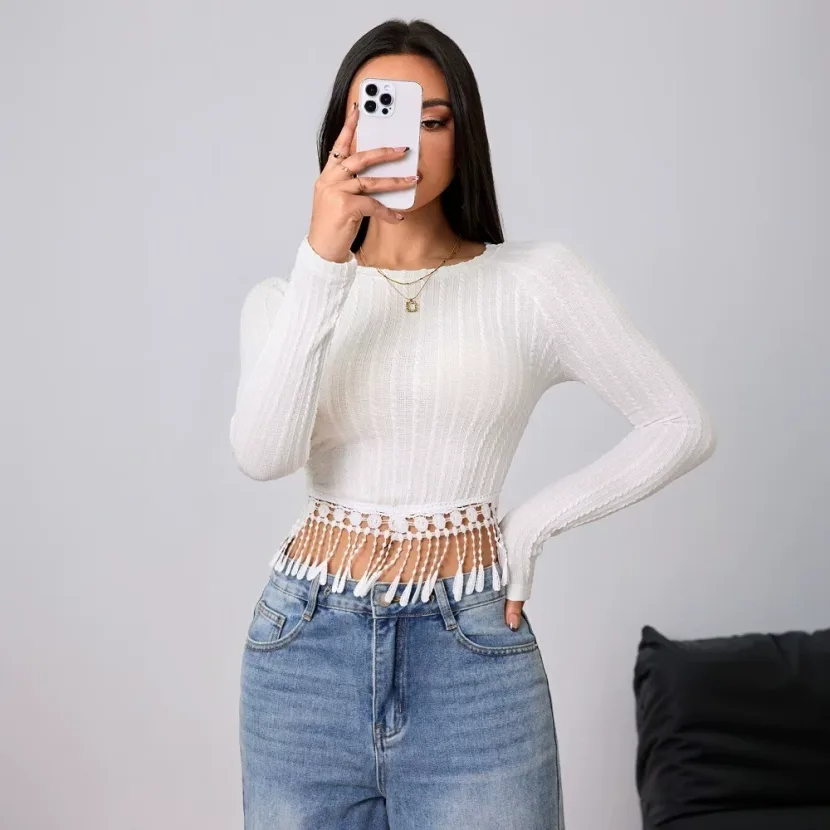 Womens T Shirt Simple Elegant Design Fringe Detail Slim Fit Spring Summer Fashion Wholesale Avai