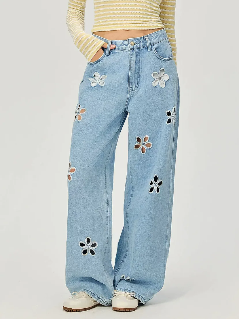 Loose Fit Wide Leg Jeans Floral Hollow Design Casual Style Womens Fashion for Spring Summer Whol
