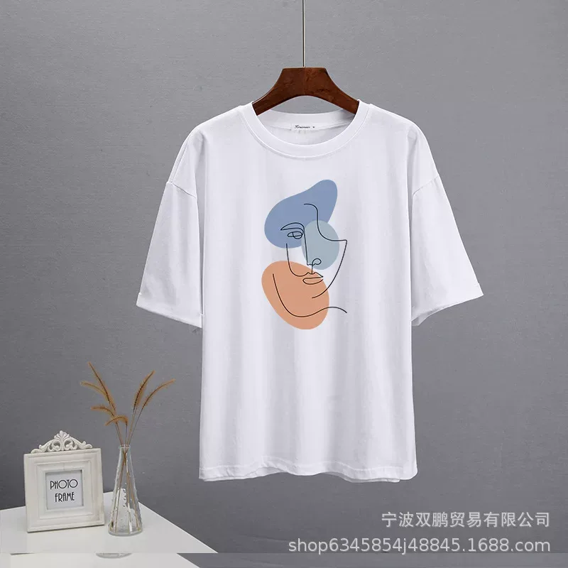 Abstract Aesthetic Printed T Shirt for Women Soft Cotton Loose Fit Basic Style Summer Casual Wea