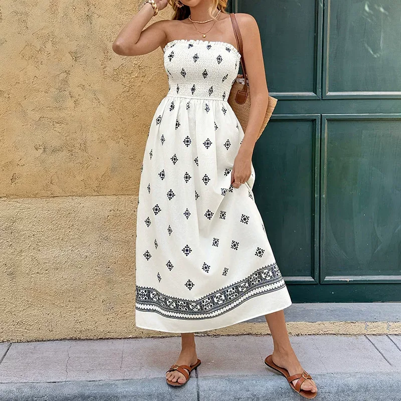 Geometric Print Strapless Dress Summer Vacation Style Vintage Ethnic Design Available for Wholes