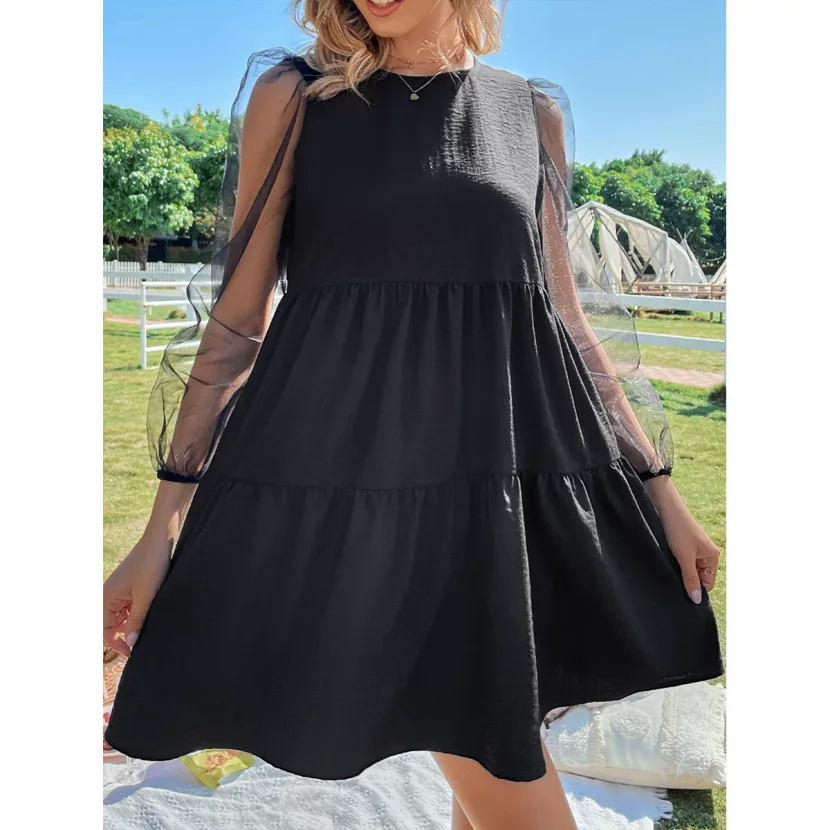Elegant Hollow Out Long Sleeve Dress Color Block Design Round Neck Trendy Style Perfect for Part