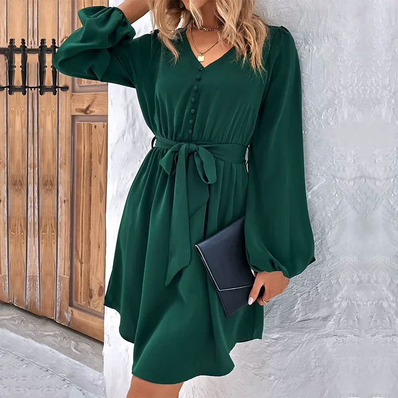 Womens Long Sleeve Solid Color Dress Elegant Design Versatile for Spring and Autumn Wholesale Av