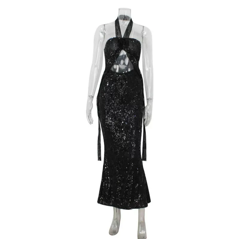 Backless Halter Bodycon Dress Sexy Hollow Out High Waist Sequined Evening Party or Cocktail Wear