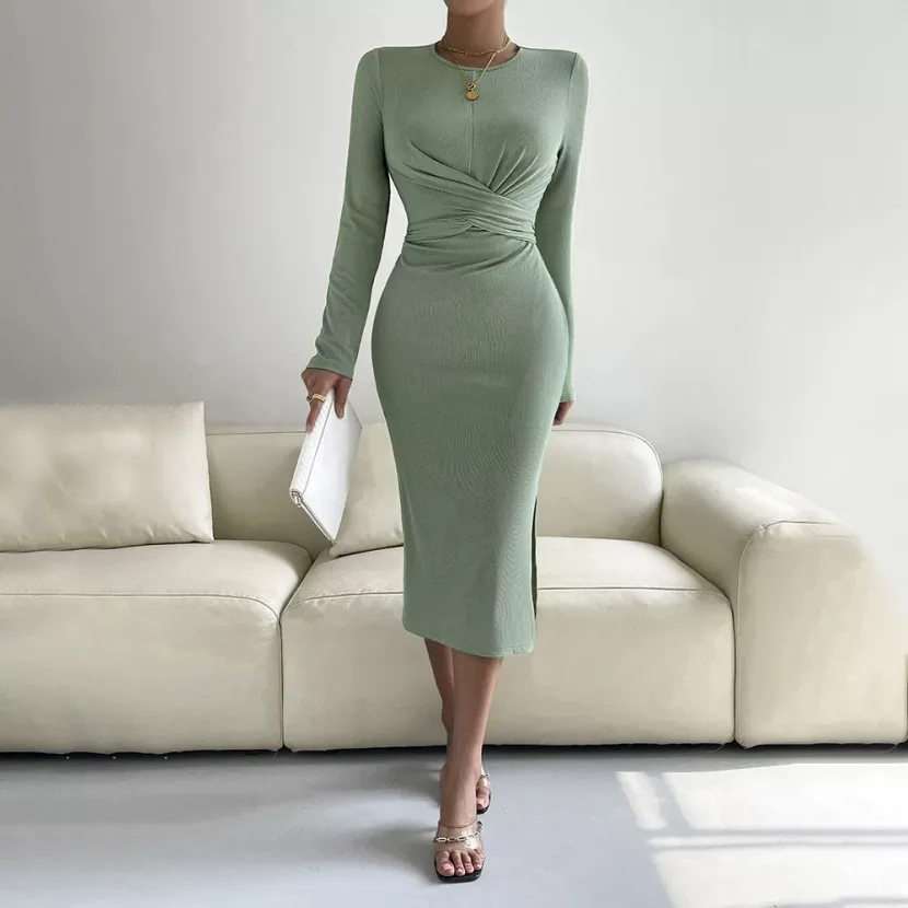 Womens Long Sleeve Bodycon Midi Dress Round Neck Slim Fit Elegant Style Perfect for Parties and