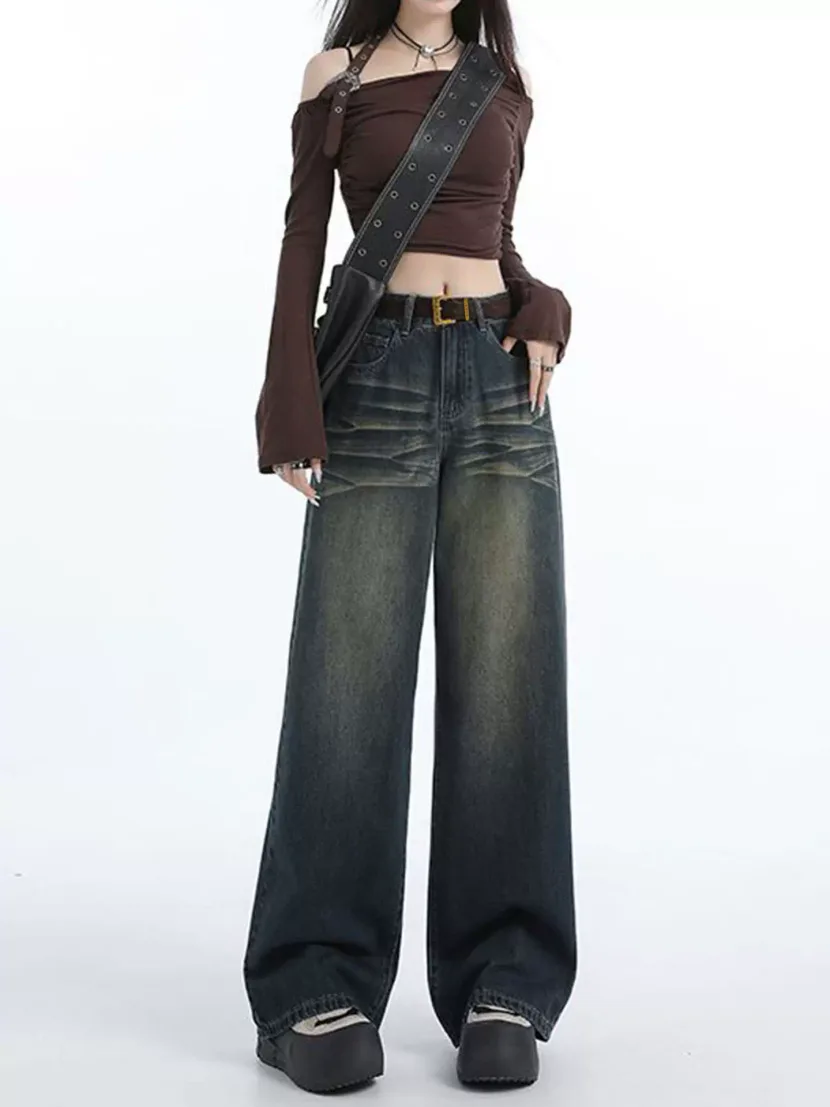 Vintage Style Wide Leg Jeans for Women Retro Fashion Casual Fit High Waist Denim Fabric Perfect