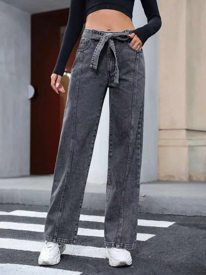 Casual High Waisted Irregular Denim Pants Slim Fit Lace Up Design Trendy Style Perfect for Every