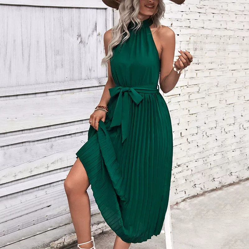 Summer Fashion Womens Solid Color Halter Dress Minimalist Style Elegant Fit Perfect for Casual O