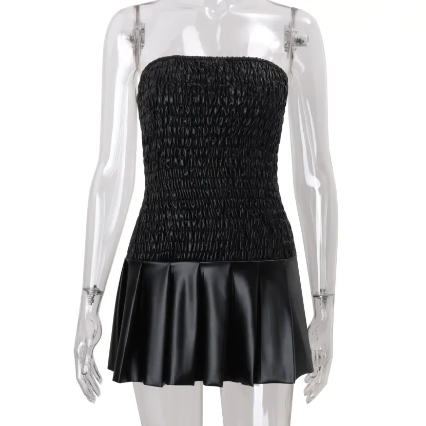 Off Shoulder Ruched PU Leather Dress Slim Fit Sexy Style Fall Perfect for Parties and Night Out
