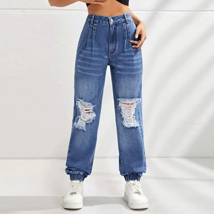 High Waisted Slim Fit Ripped Jogger Jeans Stylish Comfortable Trendy Casual Wear for Women Whole