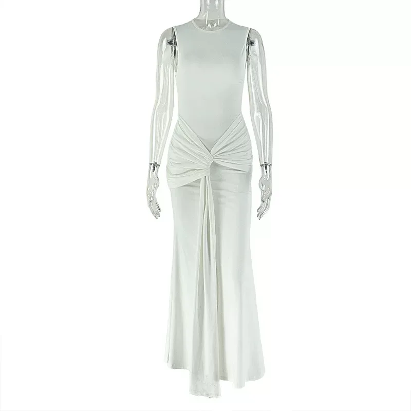 Elegant Ruched Bodycon Dress with Round Neck and Tie Detail Solid Color Slim Fit Long Sleeve Per