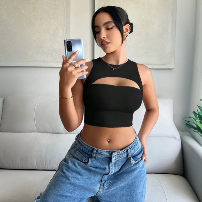 Womens Sexy Hollow Out Crop Top Slim Fit Spaghetti Straps Short Length Spring Summer Fashion Who