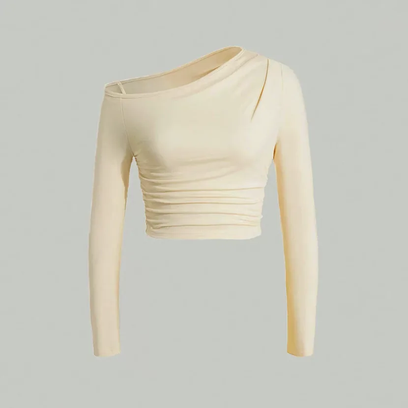 Knitted Long Sleeve Top Slim Fit Ruched Design Asymmetrical Shoulder Casual or Night Out Wholesa