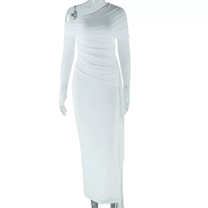 Elegant Womens Dress Solid Color Off Shoulder Long Sleeve Mesh Panel Fashionable for Parties or